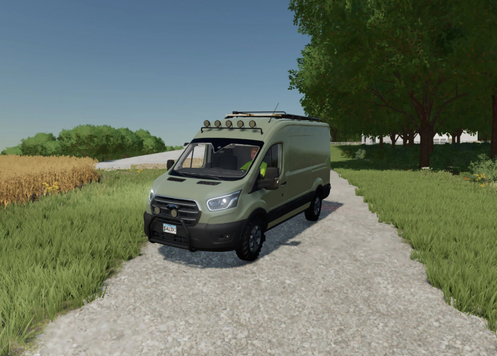 fs22-mods, Ford Transit MK8 mod driving on a rural path in FS22, showcasing Farming Simulator 22 mod features.