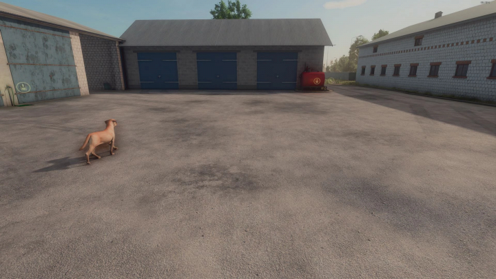 fs25-mods, FS25 Ground Stains Decoration mod showing a weathered yard with a dog, enhancing Farming Simulator 25 realism.