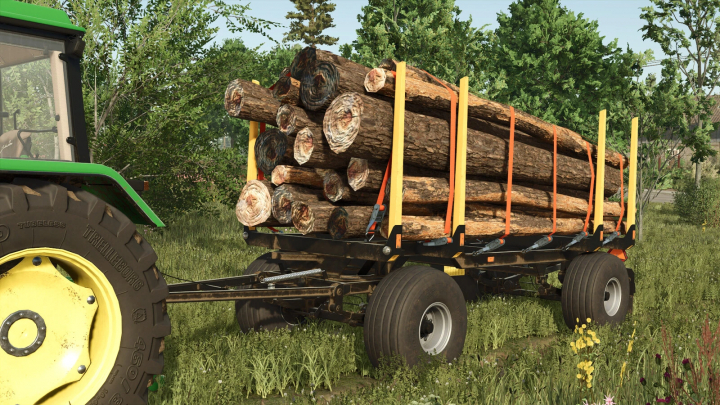 fs25-mods, HW80 Wood Trailer in FS25 mod loaded with logs in a forest setting