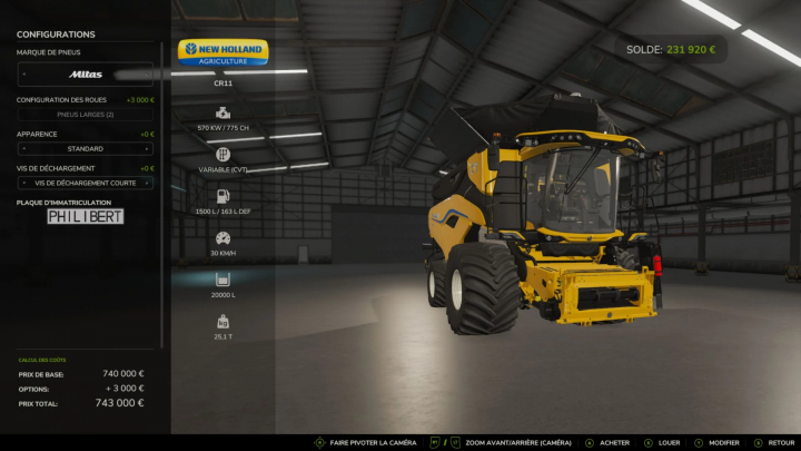 fs25-mods,  FS25 Harvester pack (tyre version) v1.0.0.0 New Holland CR11 configuration screen.