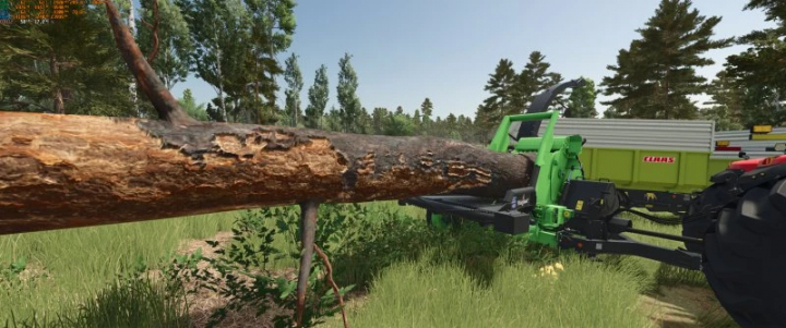 fs25-mods, FS25 mod Heizomat HM 10-500 KF wood chipper processing a log in Farming Simulator 25 forest setting.