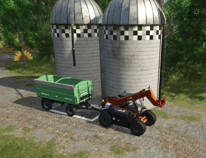 fs25-mods,  FS25 mods: Hide silo Filltype v1.0.0.3 with tractor and trailer near silos in Farming Simulator 25.