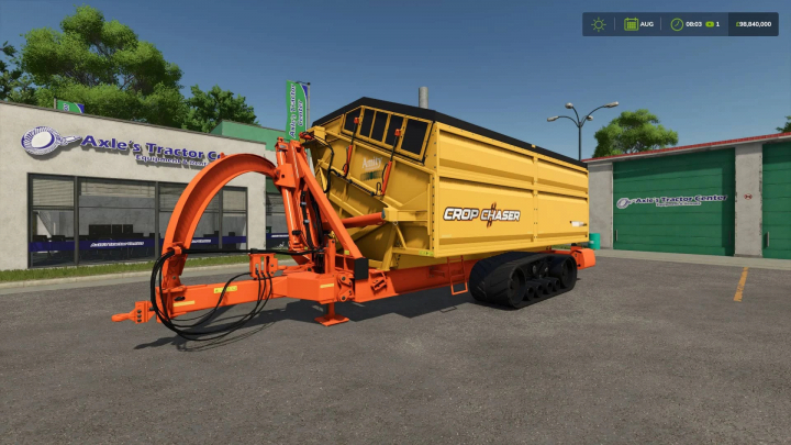 fs25-mods,  FS25 mod features a yellow Crop Chaser trailer by Stevie in front of a tractor center.