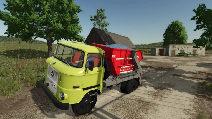 fs25-mods,  IFA W50 truck mod in Farming Simulator 25, featuring a lime green cab and red container in a rural setting.