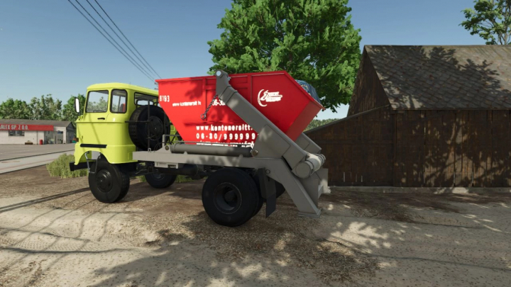 fs25-mods,  IFA W50 mod in FS25 with red container in farm setting.