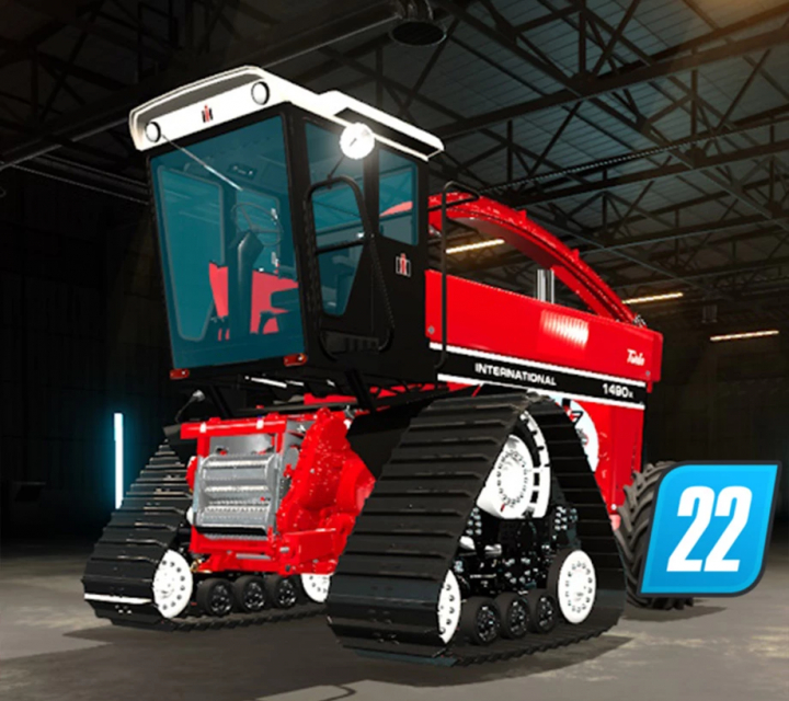 fs22-mods, International 1490x tractor mod in FS22, showcasing its robust red design in a warehouse setting.