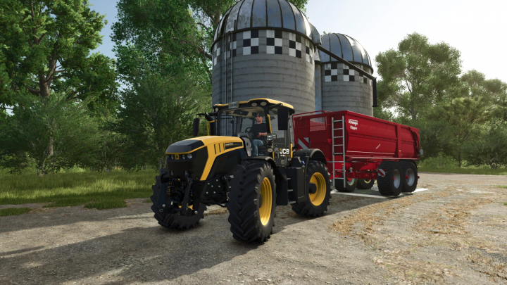 fs25-mods, JCB Fastrac 4000 ICON tractor and trailer mod in FS25 near silos.