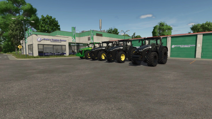 fs25-mods,  FS25 mod John Deere 8R Night Pack tractors parked outside a tractor center.