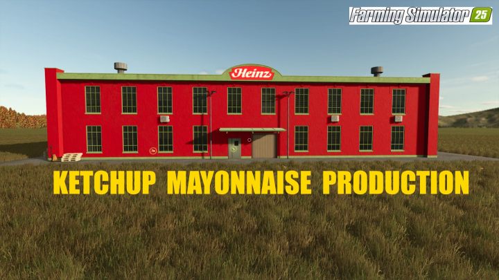 fs25-mods,  Ketchup and mayonnaise production building mod for FS25, showcasing a factory exterior in Farming Simulator 25.