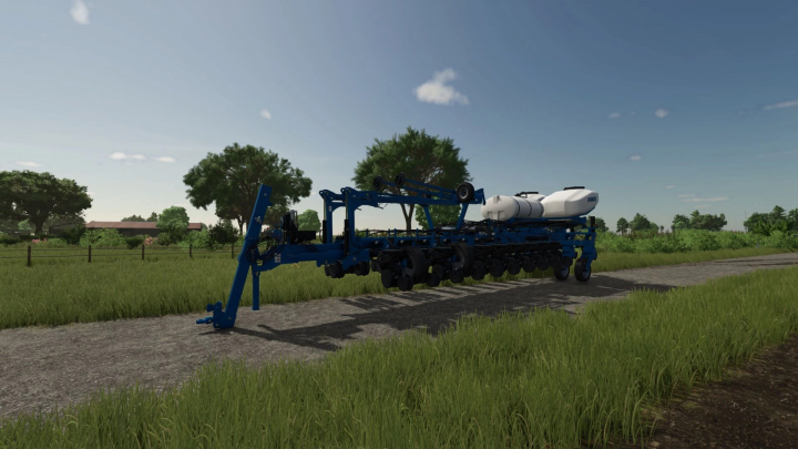 fs25-mods, Kinze Blue Drive Multi mod in FS25, showcasing a detailed farming implement on a rural path.