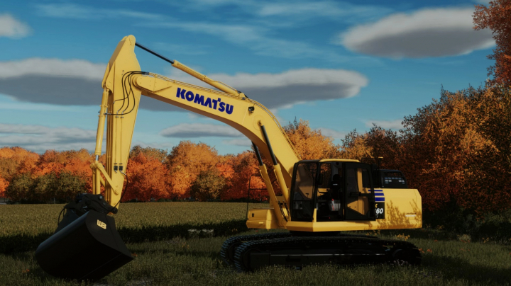 fs22-mods, FS22 mod Komatsu PC360-11 excavator in a field with autumn foliage, Farming Simulator 22.