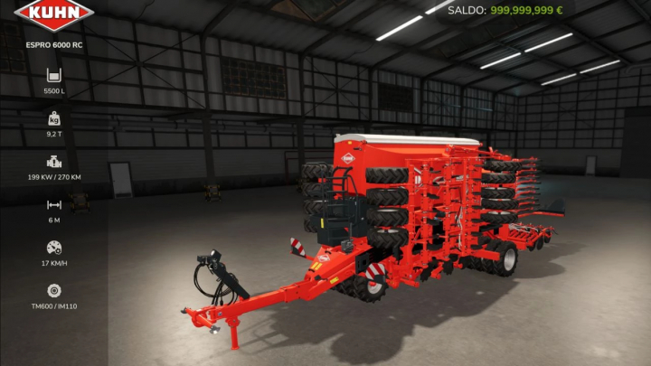 fs25-mods,  FS25 mod Kuhn Espro 6000 RC showcased in a virtual garage, highlighting its features and specifications.