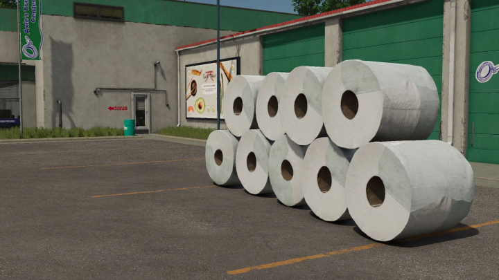 fs25-mods,  Large rolls of toilet paper in a parking lot, part of Kuhn VB 3190 Toilet Paper Baler mod for FS25.