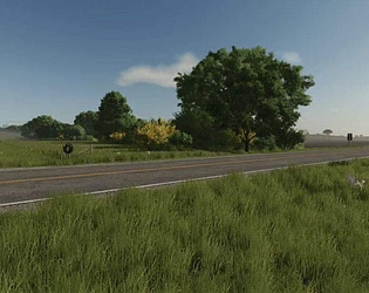 fs25-mods,  Scenic view of Monteith Iowa map in FS25 mod, featuring a rural road and lush greenery by DR Modding.