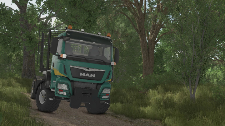 fs25-mods,  Man TGS AGRI mod truck on a forest path in Farming Simulator 25. FS25 mod showcasing agricultural vehicle in nature.