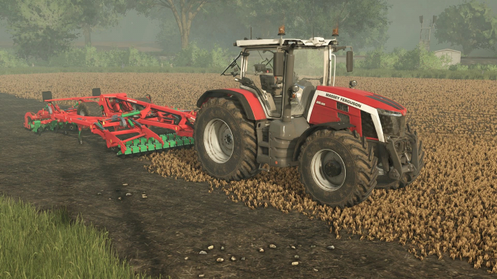 fs25-mods,  Massey Ferguson 8S tractor plowing a field in FS25 mod. Detailed view of Farming Simulator 25 mod with realistic farming equipment.