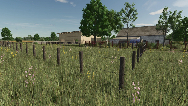 fs25-mods, FS25 mods: Meadow Fence v1.0.0.0 showing a wooden fence in a grassy field with barns and trees in the background.