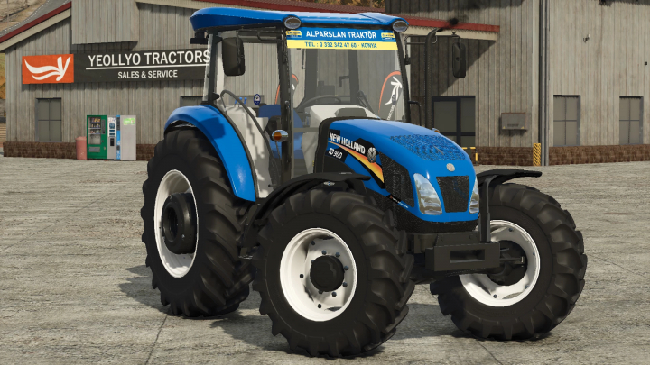 fs25-mods,  New Holland BlueMaster tractor mod for Farming Simulator 25 parked outside Yeollyo Tractors.