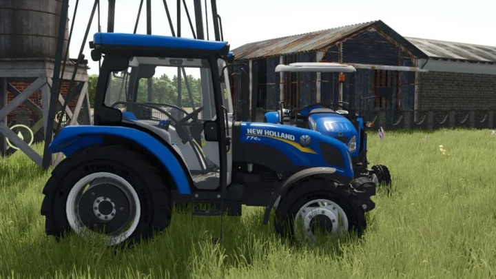 fs25-mods,  New Holland TT4 Series tractor mod in FS25, parked in a grassy field with a farm building in the background.