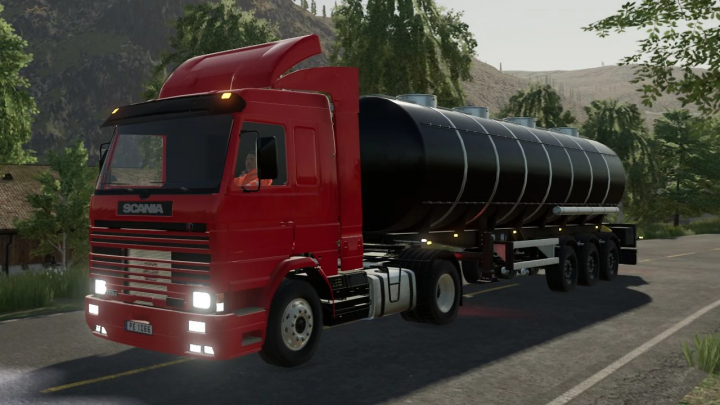 fs22-mods,  Old Generation Scania truck mod in FS22, featuring a red cab and black tanker. Farming Simulator 22 mods scenery.