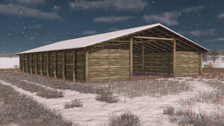 fs25-mods, Old Wooden Shed mod in FS25, covered in snow, showcasing rustic winter farm scenery.