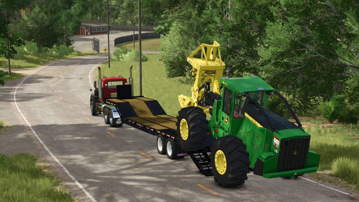 fs25-mods, FS25 mod featuring Pitts LB35-CS Lowboy trailer carrying a green tractor on a rural road.