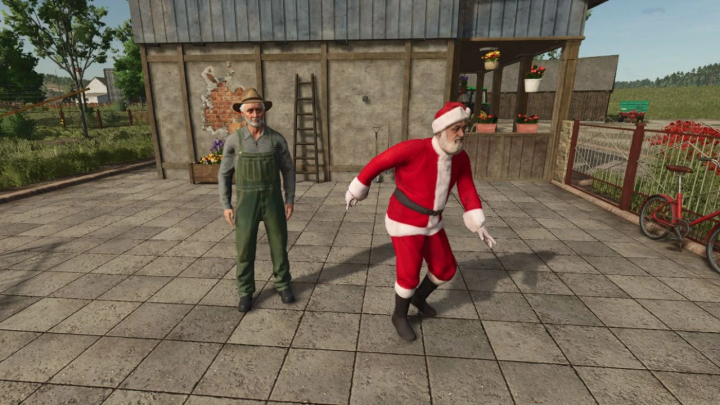 fs25-mods,  FS25 mod showing Placeable Animated Santa Claus Decoration beside a farmer in front of a barn.