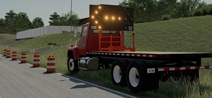 fs25-mods, FS25 mod image showing a red truck with portable construction signs and traffic cones on a roadside.