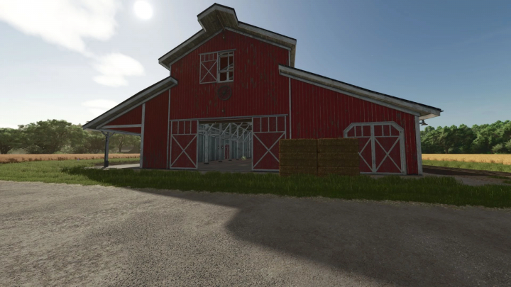 fs25-mods,  FS25 mod Red Garage (Bale Storage) v1.0.0.0, featuring a red barn with hay bales in a rural setting.