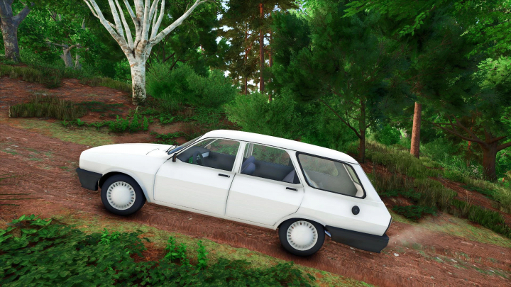 fs25-mods,  White Renault 12 Toros car driving uphill in a forest in FS25 mod.