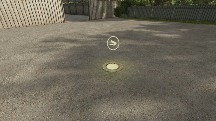 fs25-mods, FS25 Sewage Shaft mod showing a manhole cover on a paved area in Farming Simulator 25.