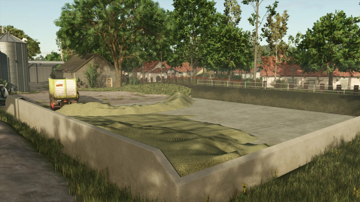 fs25-mods, Siloplate v1.0.0.0 mod for FS25 showing a silage pit with grass and a trailer, enhancing Farming Simulator 25 gameplay.