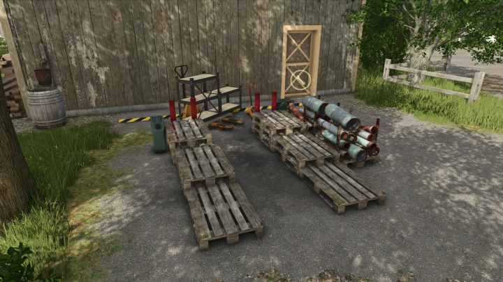 fs25-mods,  Simple Pallet Workshop mod for FS25 showing pallets and tools in a rustic setting.