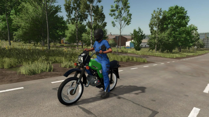 fs25-mods, Simson S53 motorcycle mod in FS25 game, player in blue outfit riding on forest road.