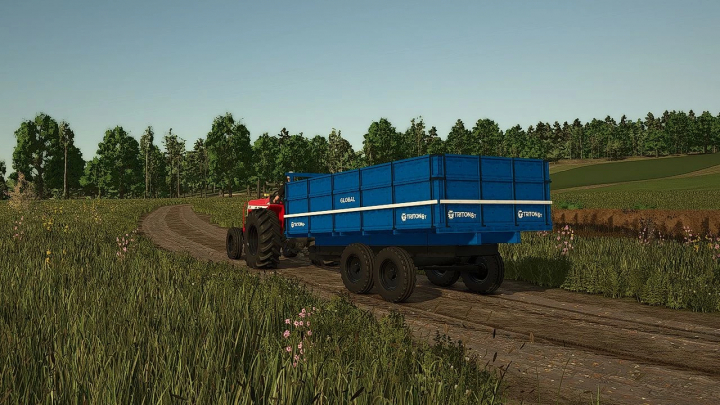 fs25-mods, FS25 mod image of Triton 4T/6T trailer being towed by a red tractor on a dirt path surrounded by fields and trees.