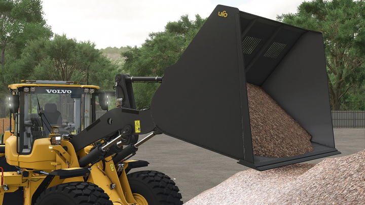 fs25-mods,  FS25 mod UFO Light Material Bucket v1.0.0.0 in use with a Volvo loader, transporting gravel.