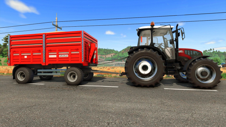 fs25-mods, FS25 mod: Ugurlu Agricultural Trailer 5T v1.0.0.0 attached to a tractor on a road.