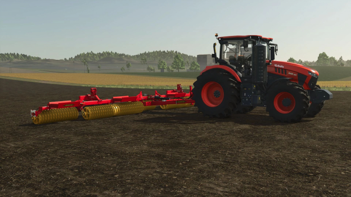 fs25-mods,  FS25 mod Väderstad Rexius 1230 v1.0.0.0 attached to a tractor on a field.