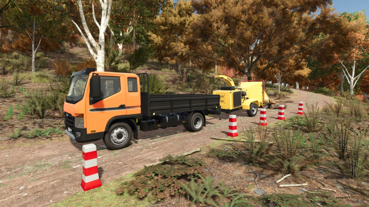 fs25-mods,  An orange truck with a Vermeer BC 1000 XL mod in FS25 surrounded by trees. Farming Simulator 25 mods enhance gameplay.