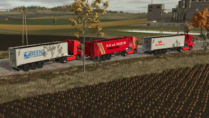 fs25-mods, Volvo FH16 Edit mod for Farming Simulator 25 showing three trailers on a rural road. FS25 mods enhance simulation realism.