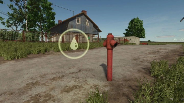 fs25-mods, Water hydrant mod in FS25, near a farmhouse with a water droplet symbol indication.