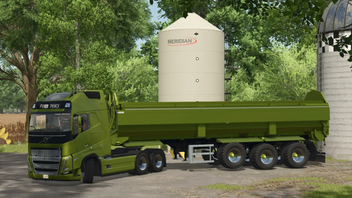 fs25-mods, FS25 mod: WobbyTec Krampe Pack v1.0.0.0 with green trailer next to silo.