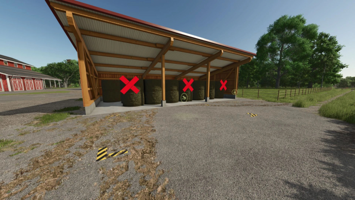 fs25-mods, FS25 mod Wooden Bale Storage Shed with bales under a wooden roof with red X marks.