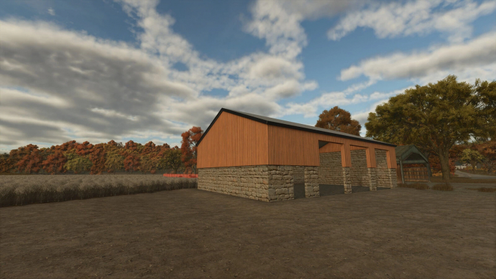 fs25-mods, Wooden Cladded Machine Shed in FS25 mod, set in a rustic field with autumn trees.