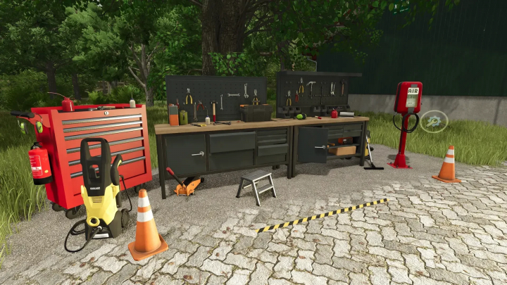 fs25-mods,  FS25 mod workshop v1.0.0.0 with tool bench, red tool cabinet, air machine, cones, set outdoors in Farming Simulator 25.