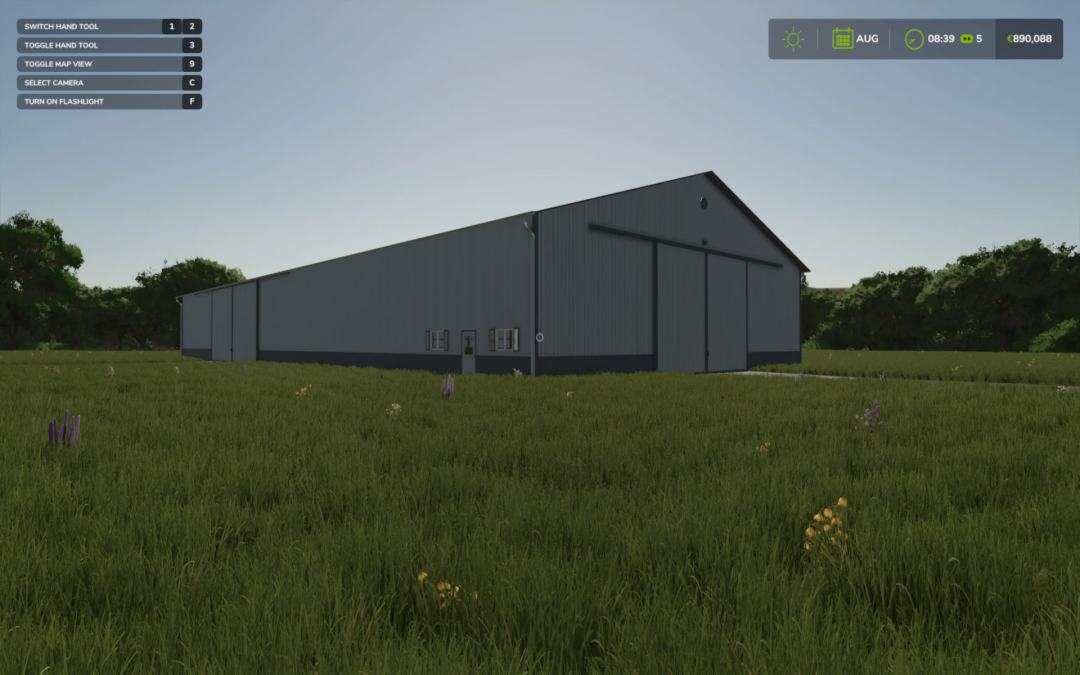 FS25 mod: 81x180 Cold Storage Shed in a grassy field, showcasing a large storage building structure.