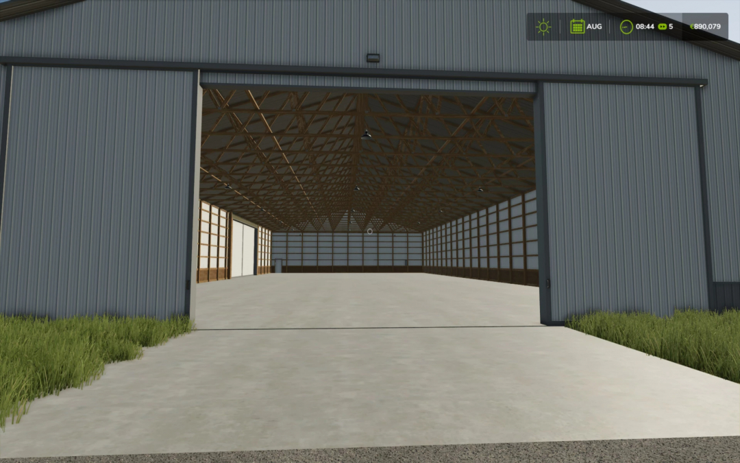 FS25 mod 81x180 Cold Storage Shed v1.0.0.0, featuring a spacious interior for equipment storage in Farming Simulator 25.