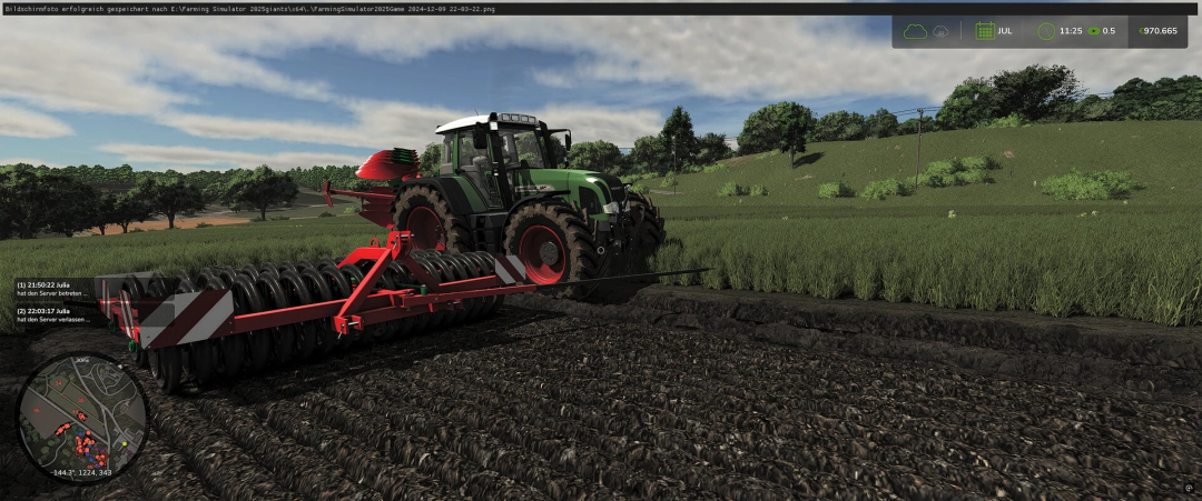 FS25 mod Agromasz Packer Pack v1.0.0.0 in action with tractor in the field.