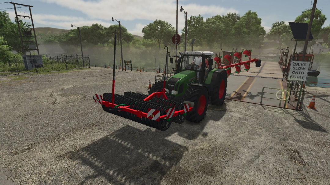 FS25 mod Agromasz Packer Pack v1.0.0.0 with a tractor near a ferry crossing.