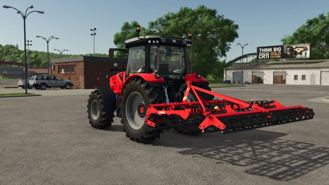 FS25 mod Akpil Rylec v1.0.0.0 showing red farming equipment attached to a tractor in a parking area.